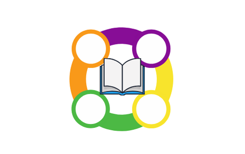 Multicolored circle with 4 open circle points and a book in the middle