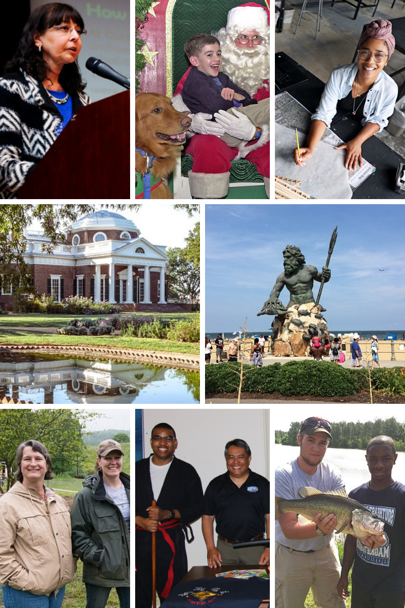 A collage of pictures from Virginia including a Native American woman, a blind child, a Black American college student, Monticello, Virginia Beach's Neptune statue, White American farmers, Japanese and Filipino Americans, and White and Black American fishermen